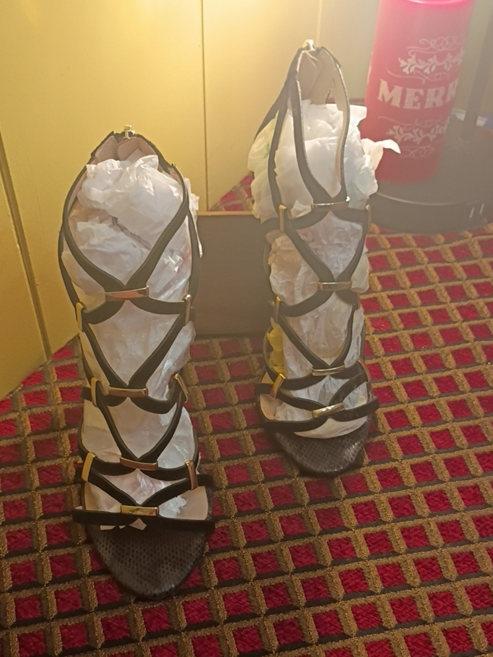Women's Black Sexy Strappy Gladiator Heels with Gold Accents. Party Ready!